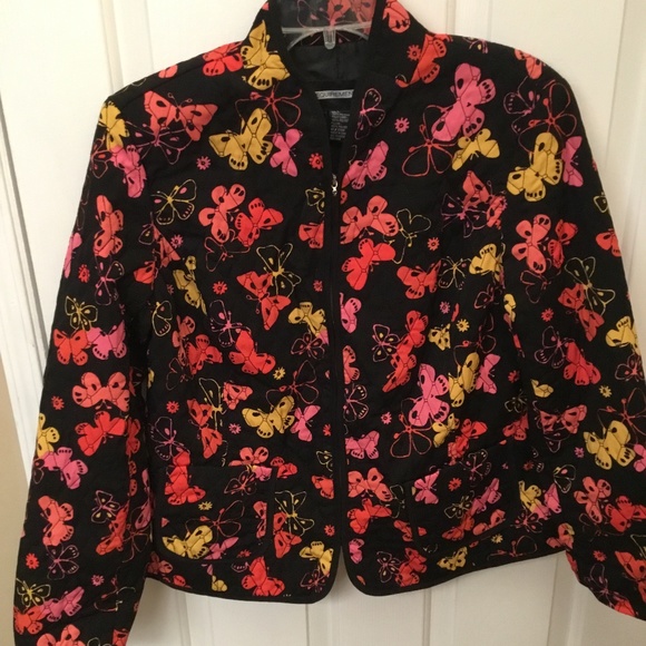 Requirements Quilted Jacket Women Black Pink Butterfly Print size L - Picture 1 of 7